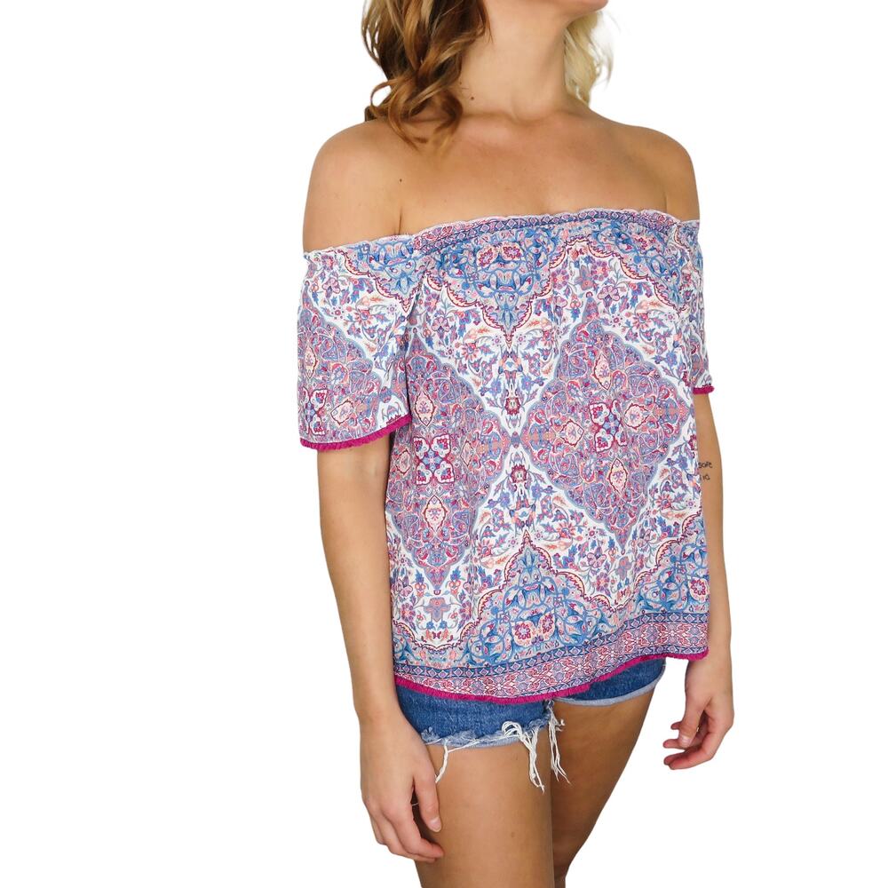 Heartloom Anthropologie Pink & Blue Paisley Off-Shoulder Top XS Boho - Picture 2 of 9